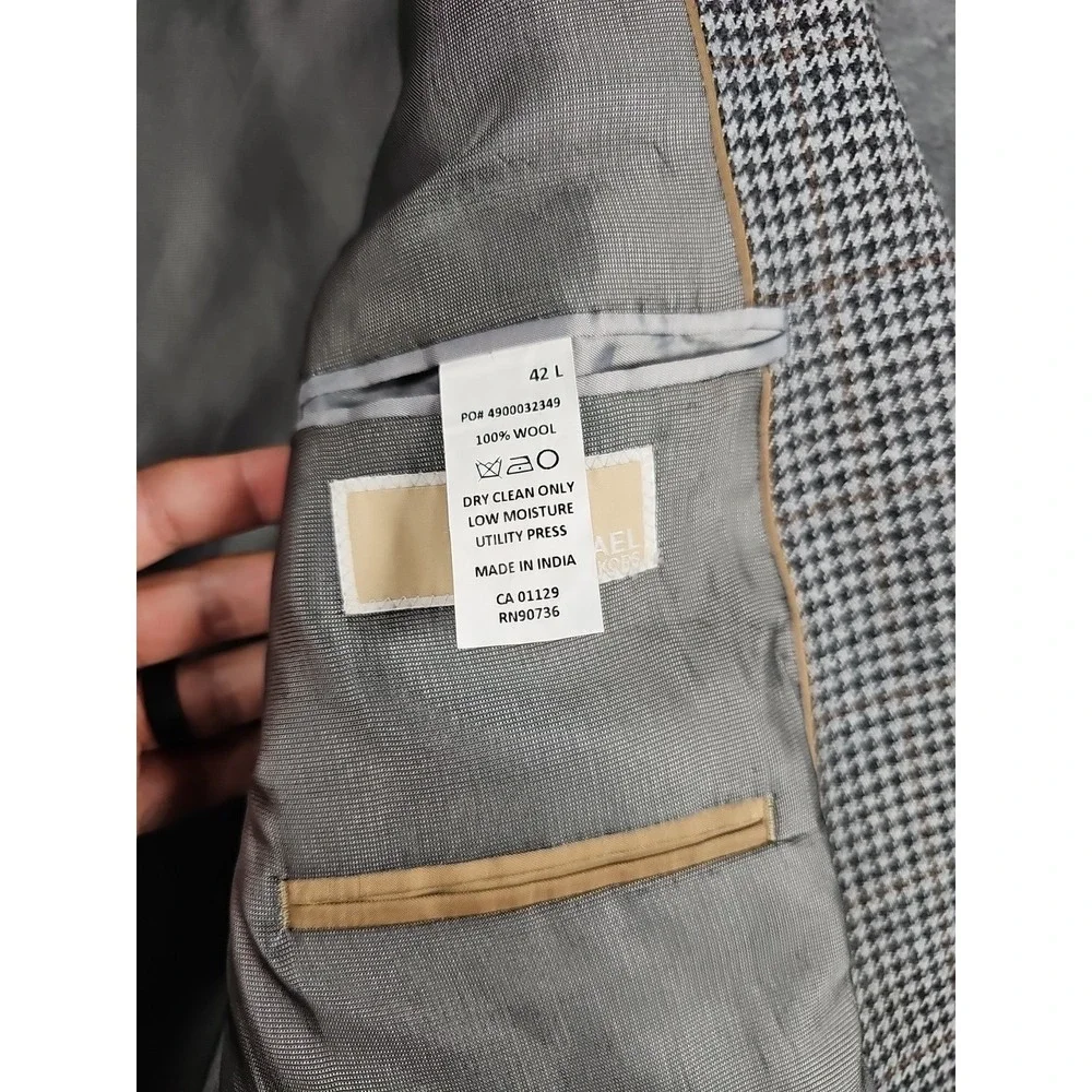 Michael Kors Blazer Mens 42L Classic-Fit 100% Wool Sport Coat‎ Grey Houndstooth